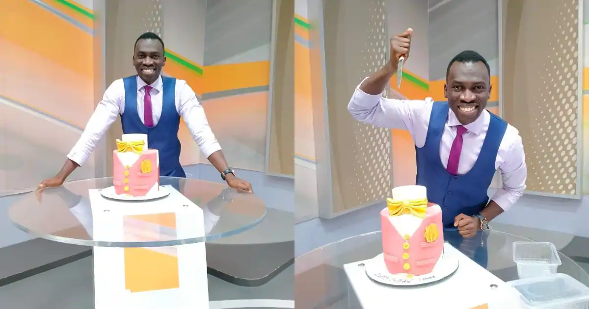 Citizen Tv journalist Trevor Ombija treated to a lovely birthday cake by colleagues